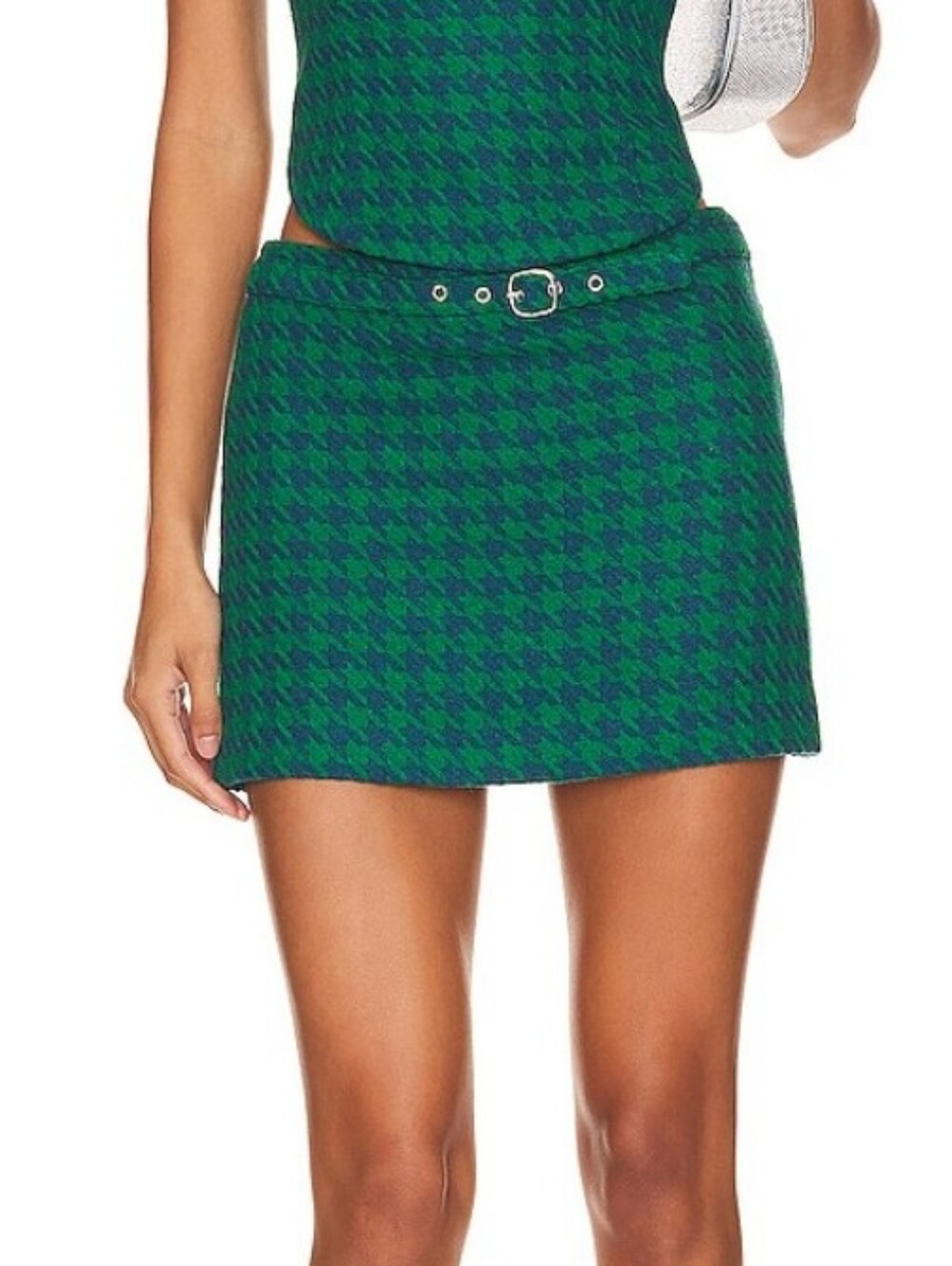 Lovers + Friends x Rachel Hadley Green Blue Houndstooth Belted Mini Skirt. XS